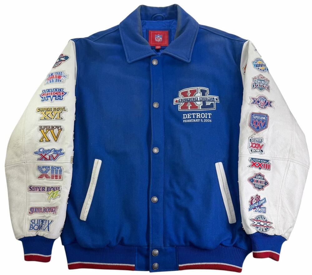 NFL Superbowl 40 Jacket Detroit Men's Large 2006 Varsity Bomber Leather Sleeves